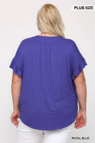 Solid Viscose Knit Surplice Top With Ruffle Sleeve