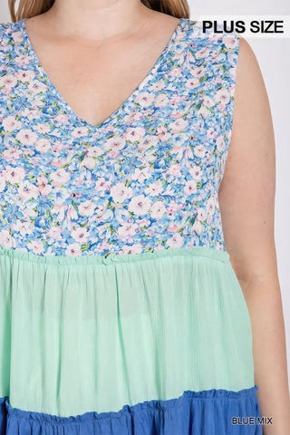 Floral Color Block Ruffle Detail Tiered V-neck Top