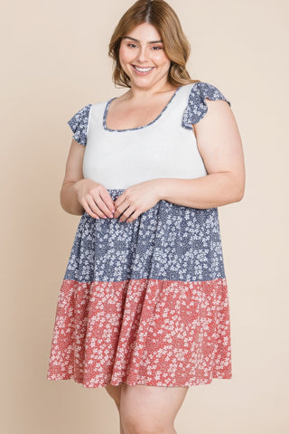 Plus Size Floral Color Block Contrast Tiered Babydoll Dress